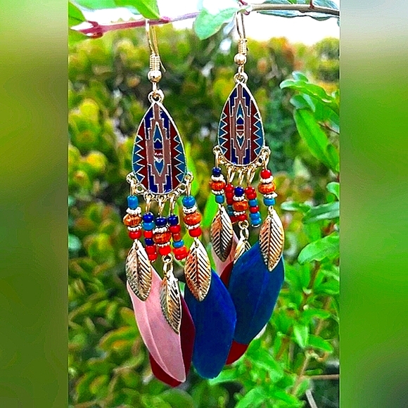 Feather Earrings Bohemian Red Blue Gold Style Hippie Jewelry - Picture 4 of 4